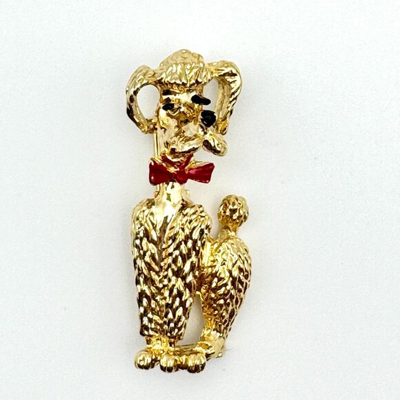 Vintage Gold-Tone Poodle Brooch Pin With Red Bow Tie 2 Inches - Picture 1 of 6